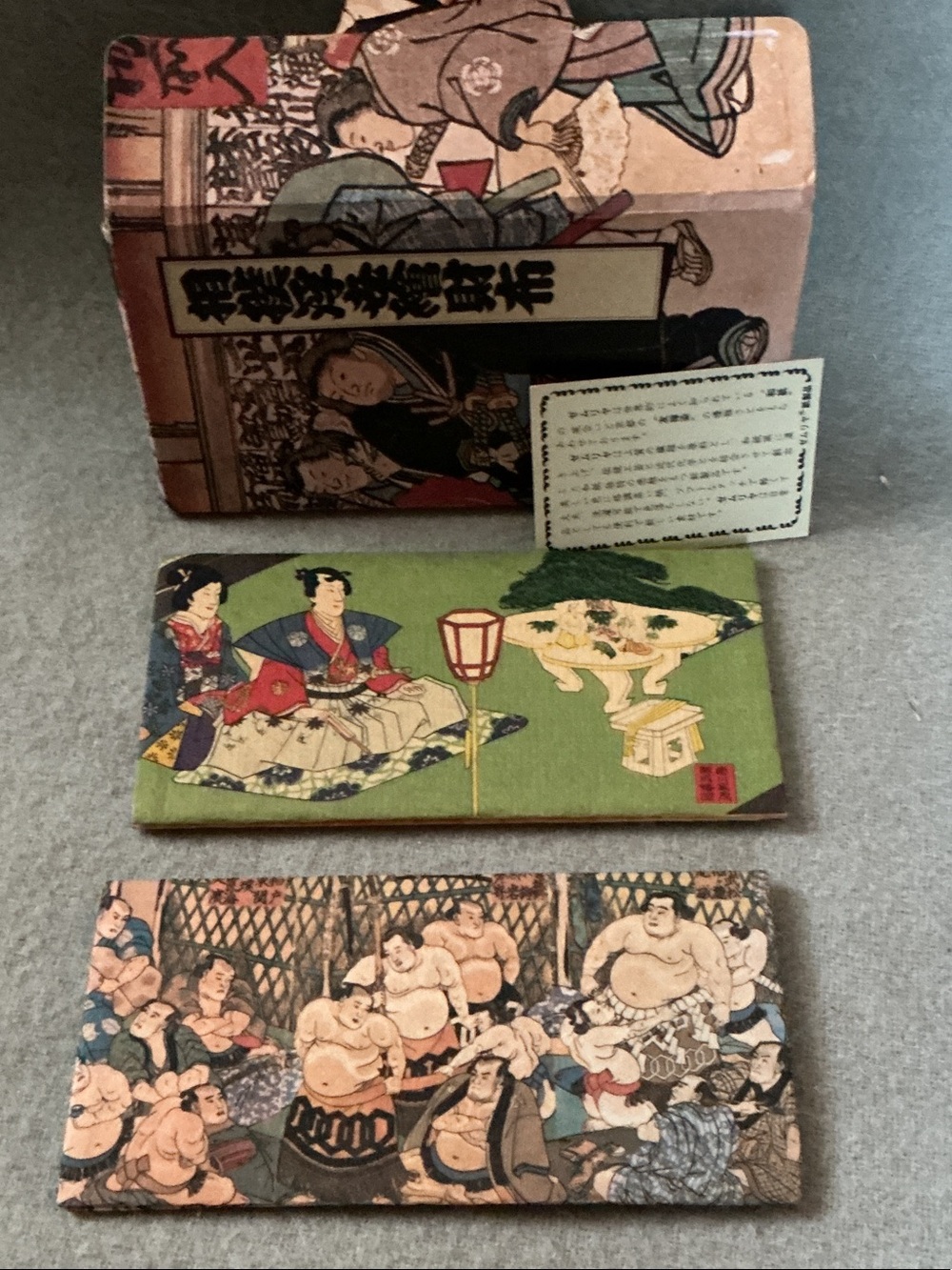 Vintage Illustrated Japanese Card Sets in Green, Tan, Blue